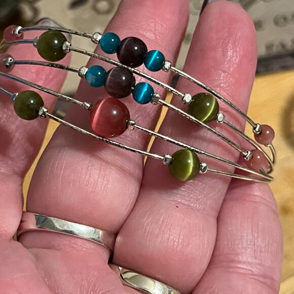 Silver tone Cuff Bracelet with Tiger Eye Beading in Various Colors - Picture 7 of 10